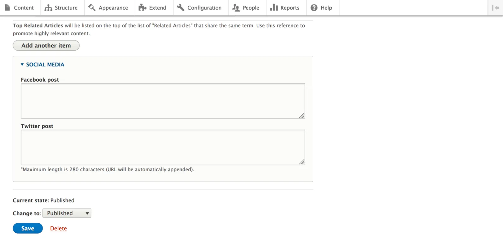 Text fields on article entry form with the fields 'Facebook post' and 'Twitter post'. 