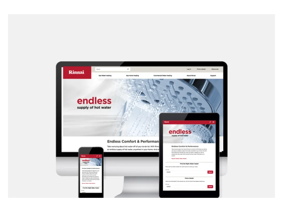 Rinnai.us homepage on desktop, mobile, and tablet screens