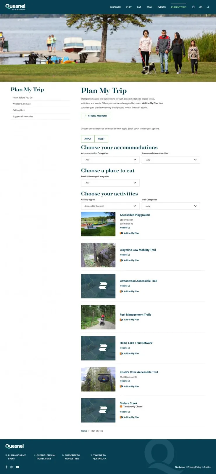 Plan My Trip tool displaying results. 