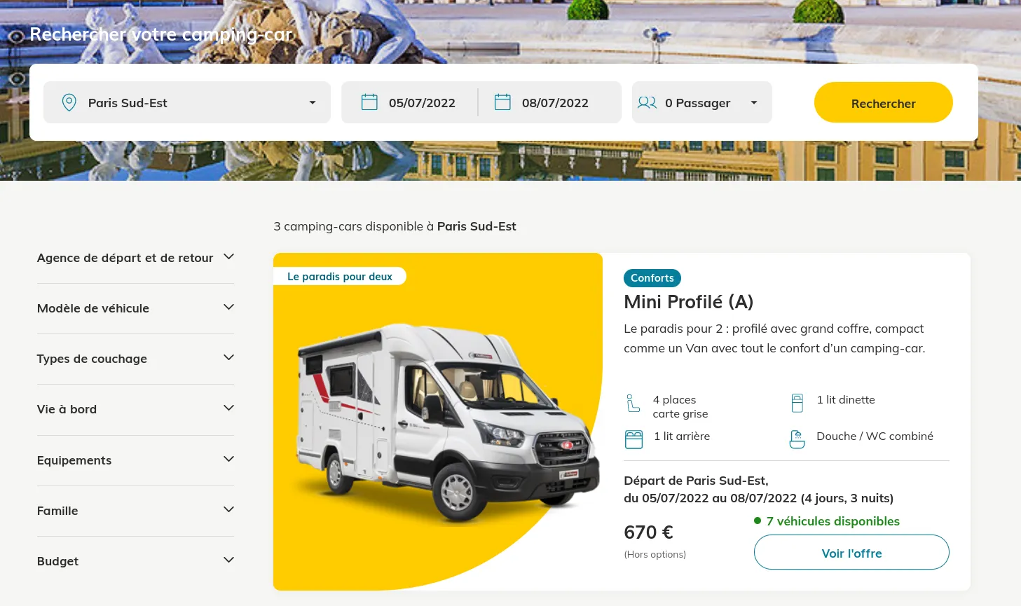Camping-car search page availability.
