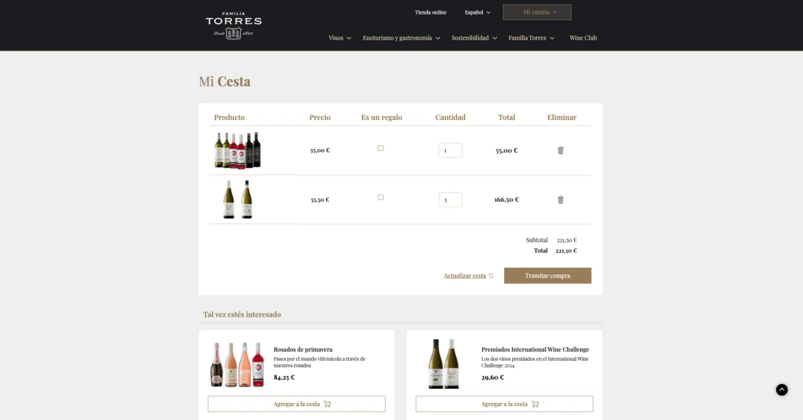 Screenshot of the shopping cart feature