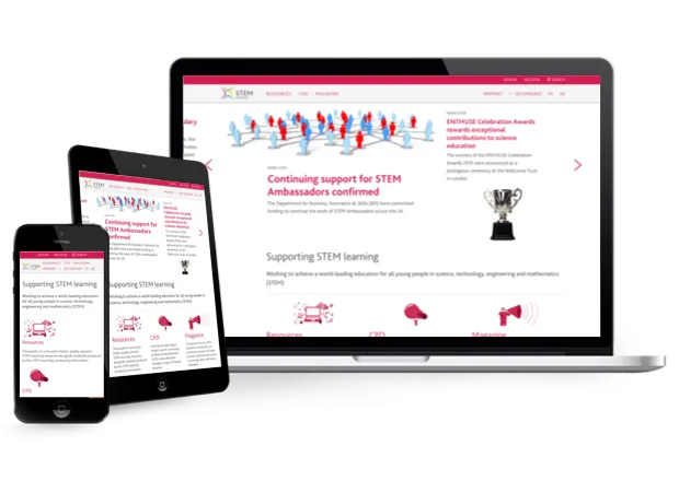 Stem homepage shown in desktop, tablet, and mobile