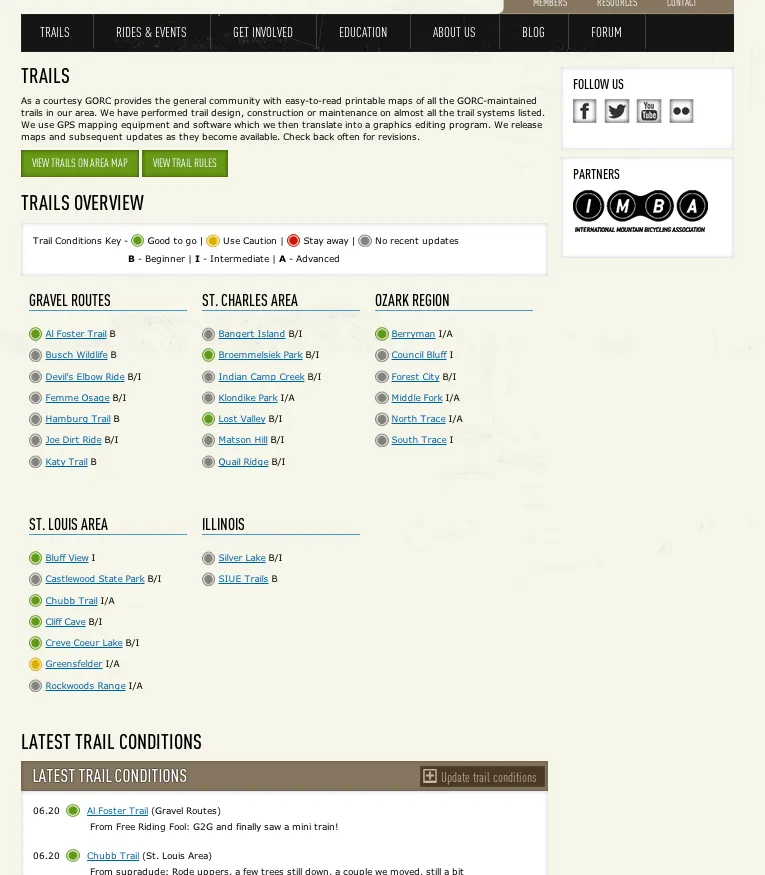 Screenshot of trail overview page with current condition for each trail