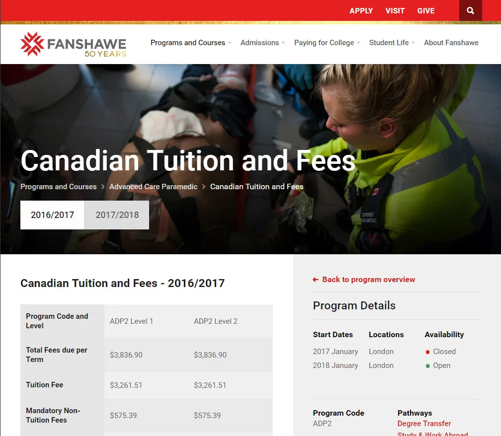 This screenshot depicts the tuition and fees for a program. These tables are automatically populated with data from an exported CSV file.