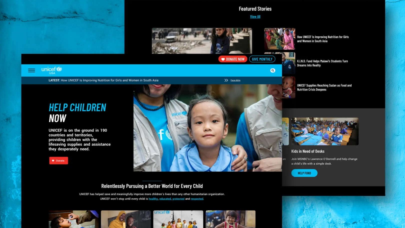 Selected screens from UNICEF USA Drupal site