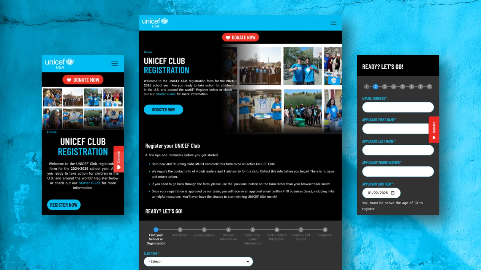 Registration screens for clubs registration