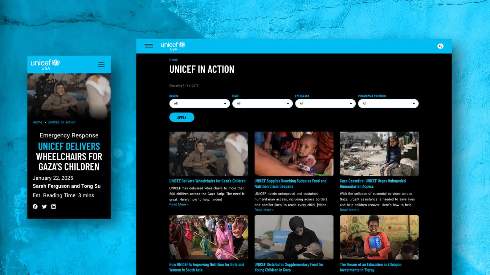 UNICEF in Action page featuring filterable list of stories