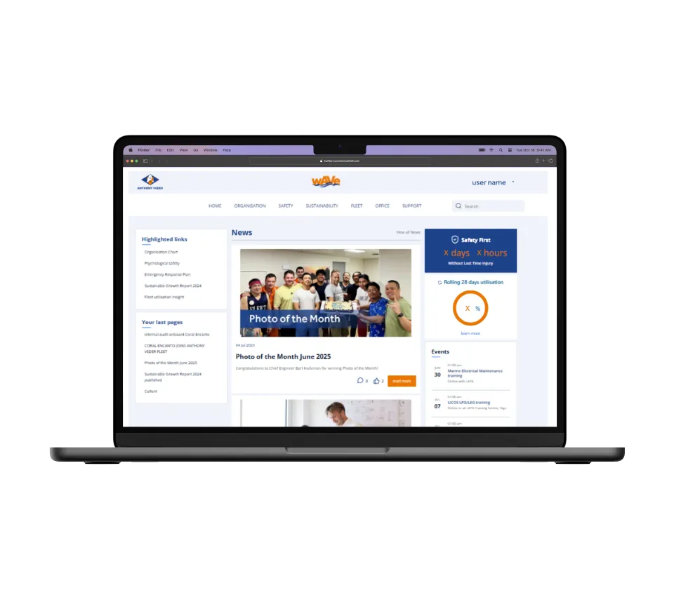 Laptop screen showing a fragment of the wAVe intranet on Drupal.