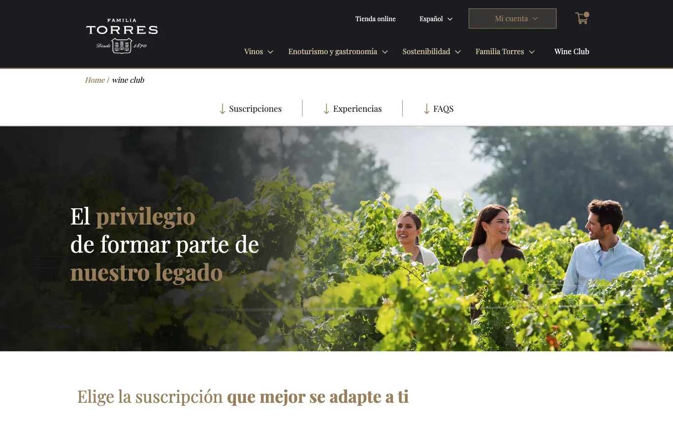 Screenshot of the wine club homepage