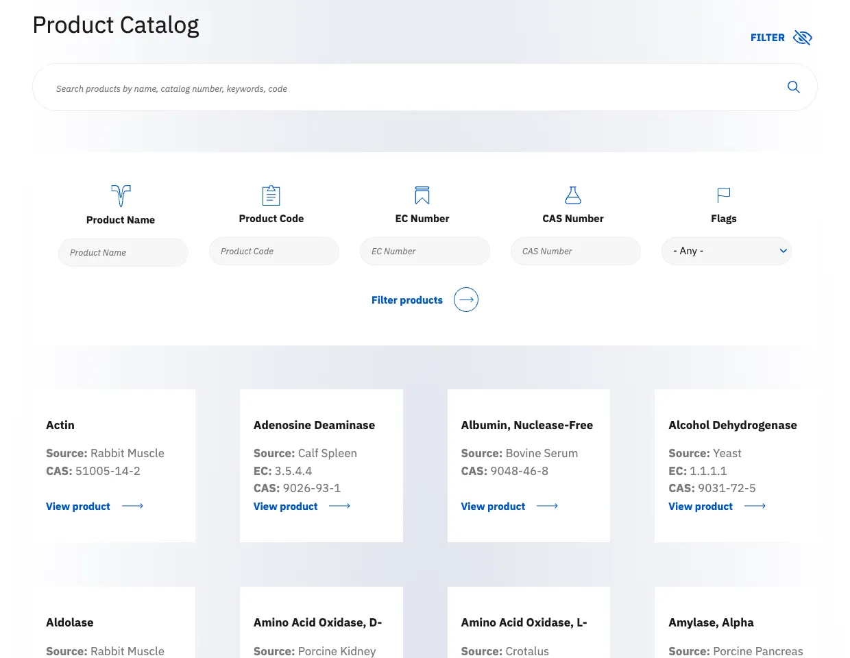 Worthington Biochemical faceted search interface