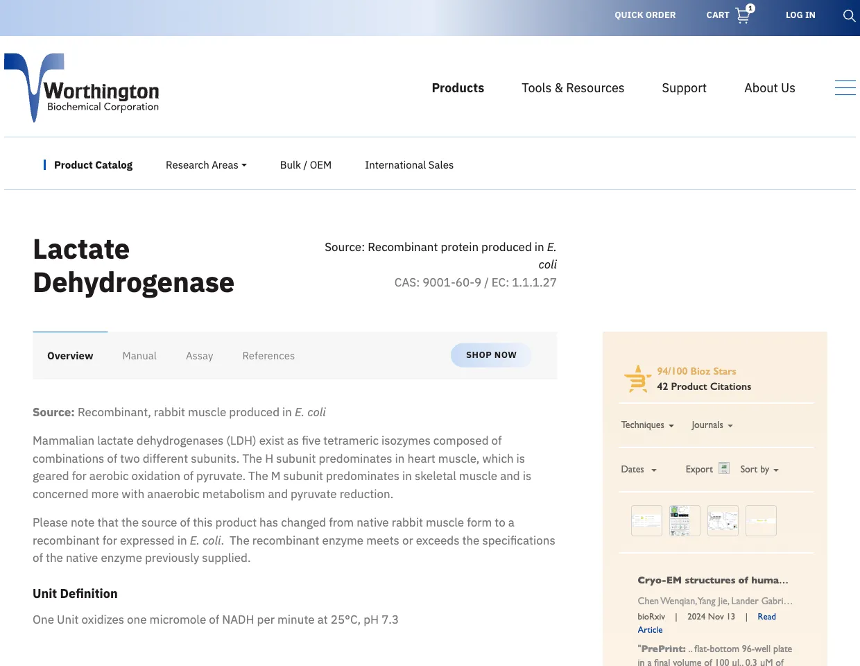 Worthington Biochemical content rich product display page