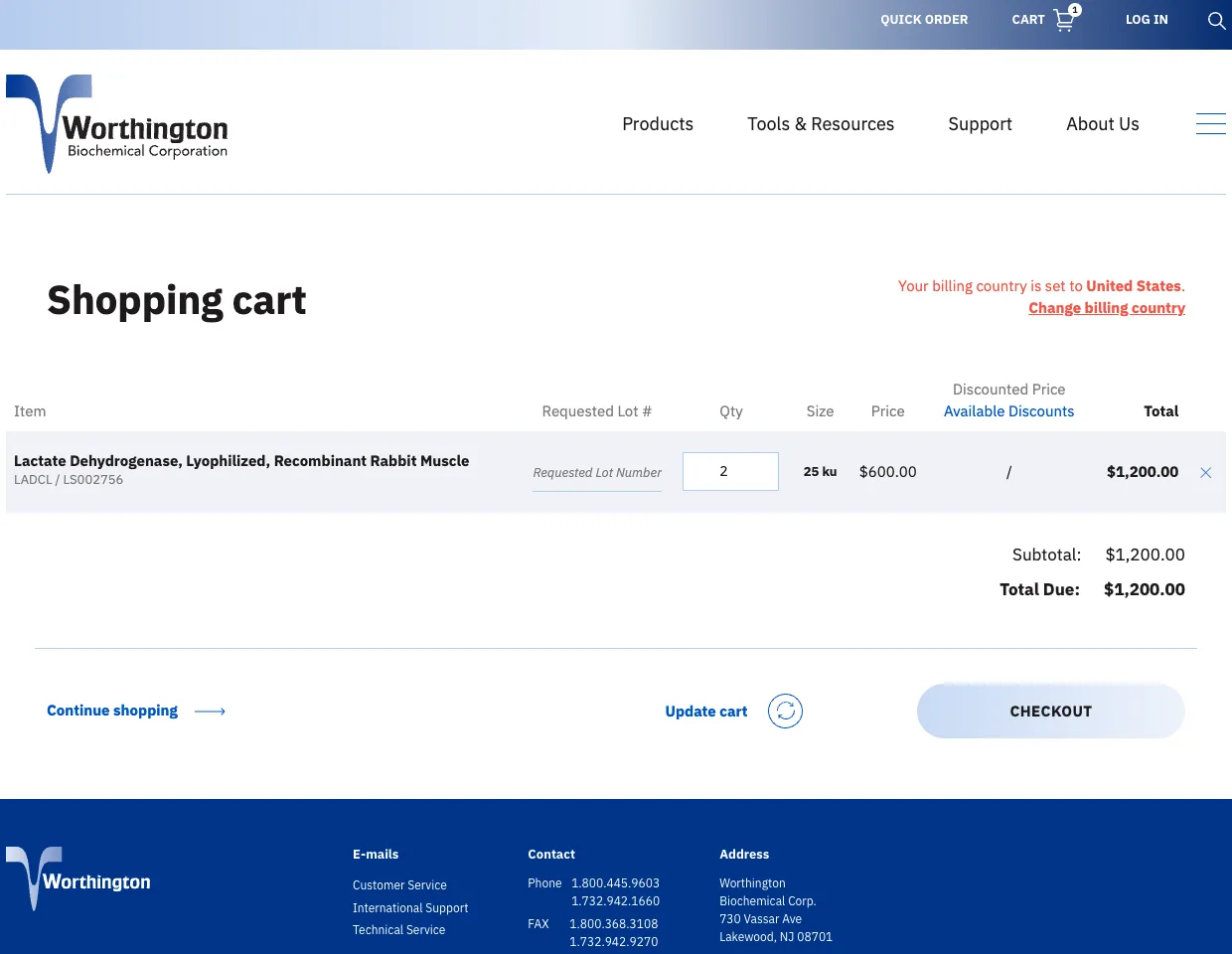 Worthington Biochemical customized shopping cart form