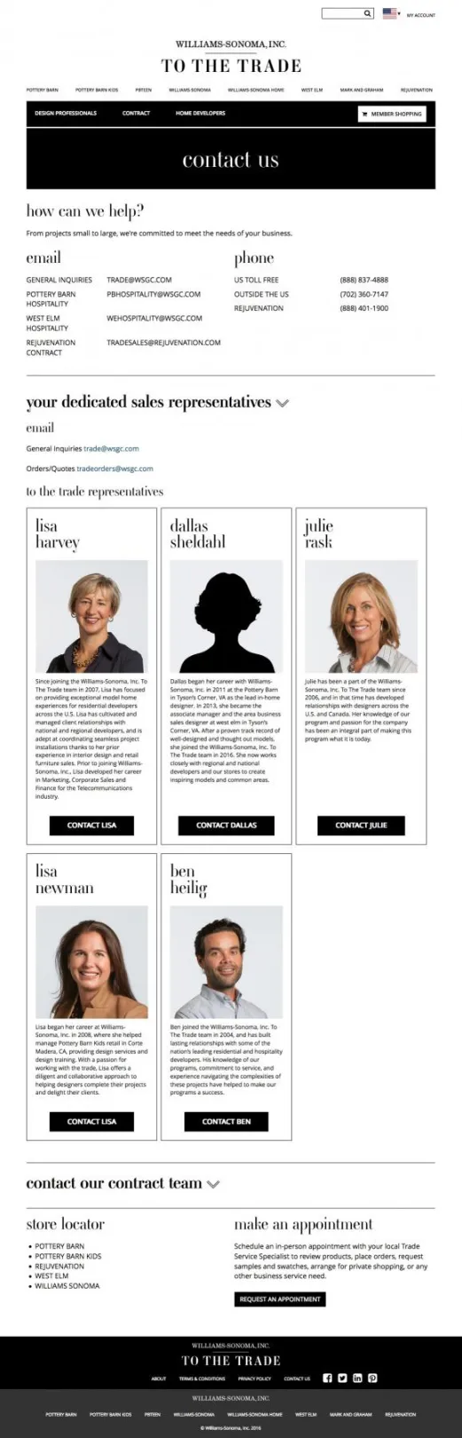 Williams-Sonoma To the Trade contact page