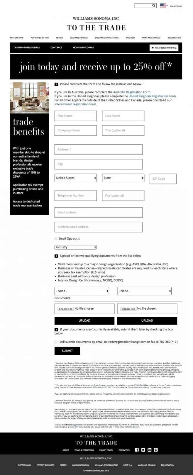 Williams-Sonoma To the Trade portal Member form