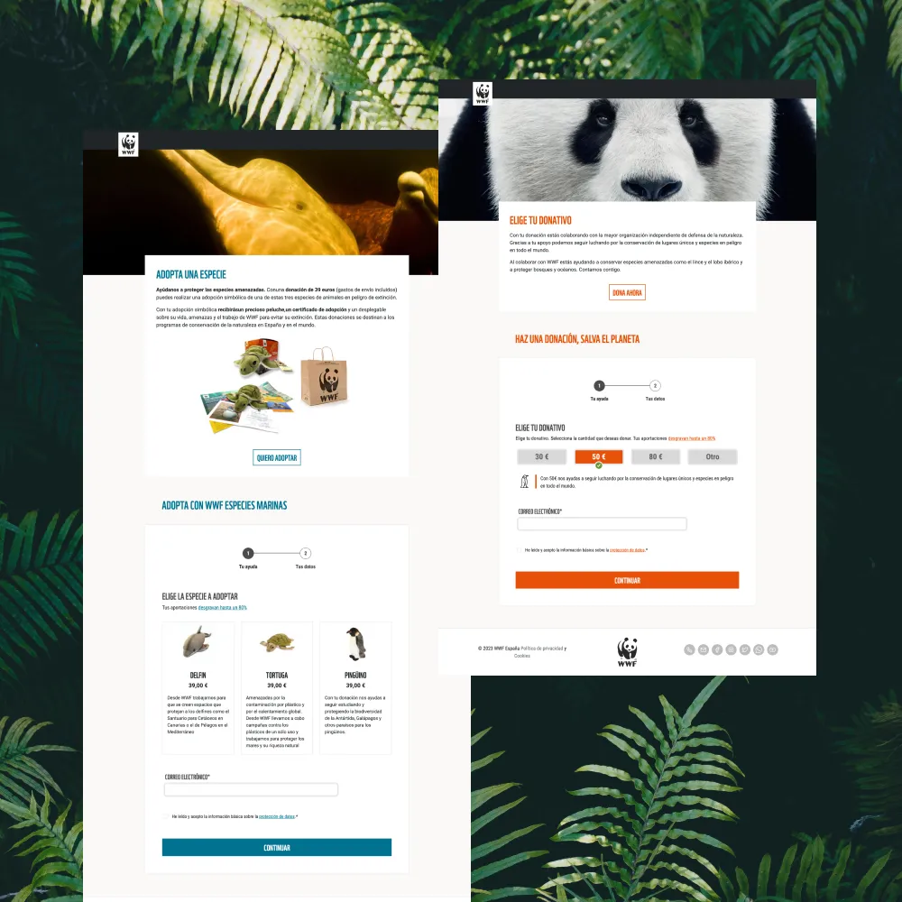 Two screenshots from WWF donation and adopt forms over a background with vegetation