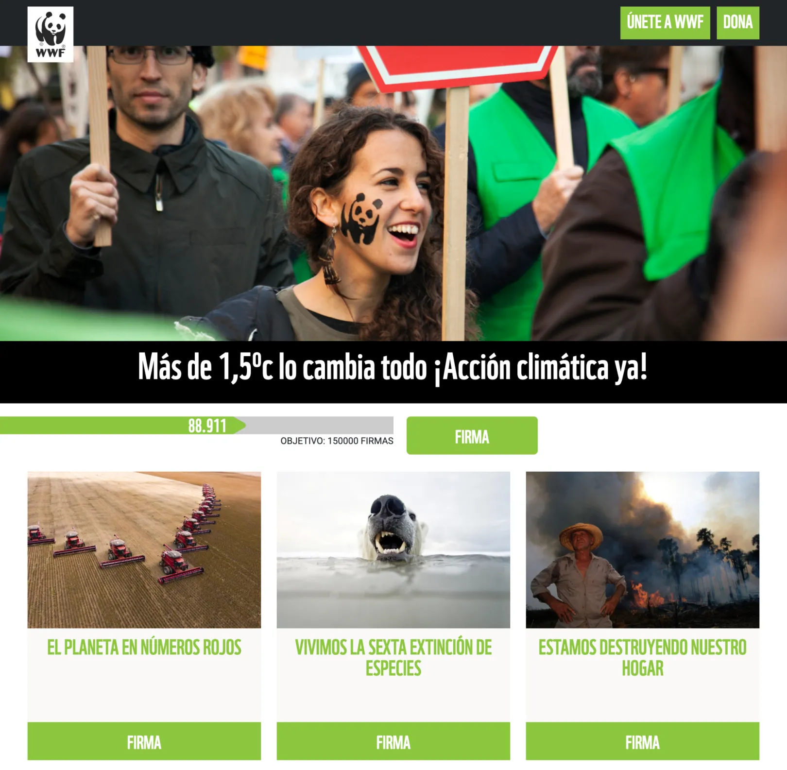 Screenshot of the WWF landing page Lucha por tu Naturaleza with different campaigns