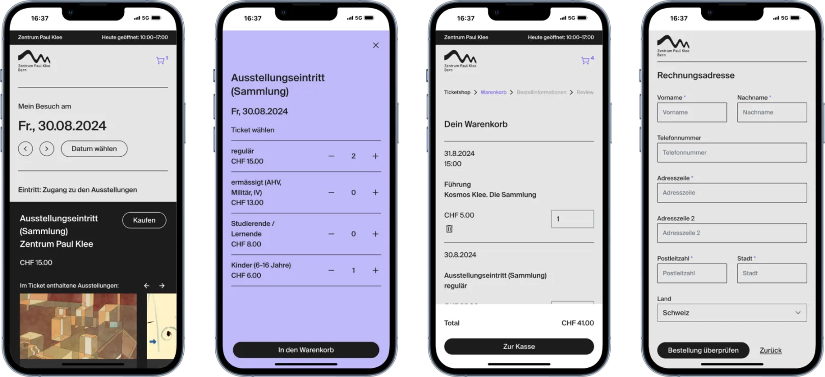 4 Screenshots with the different Steps of the Checkout Process