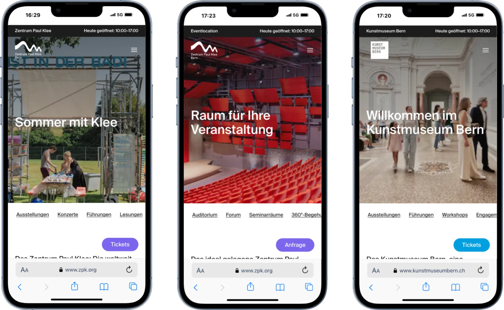 3 Screenshots of Three distinct landing pages for museum visitors, event organizers, and media.