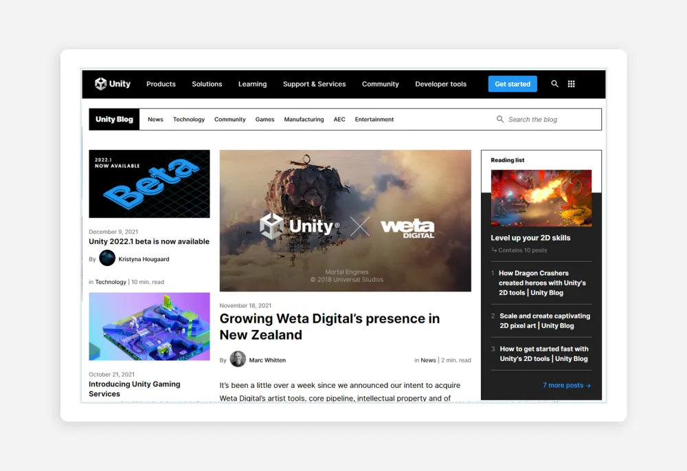 screenshot of a page from the Unity blog 