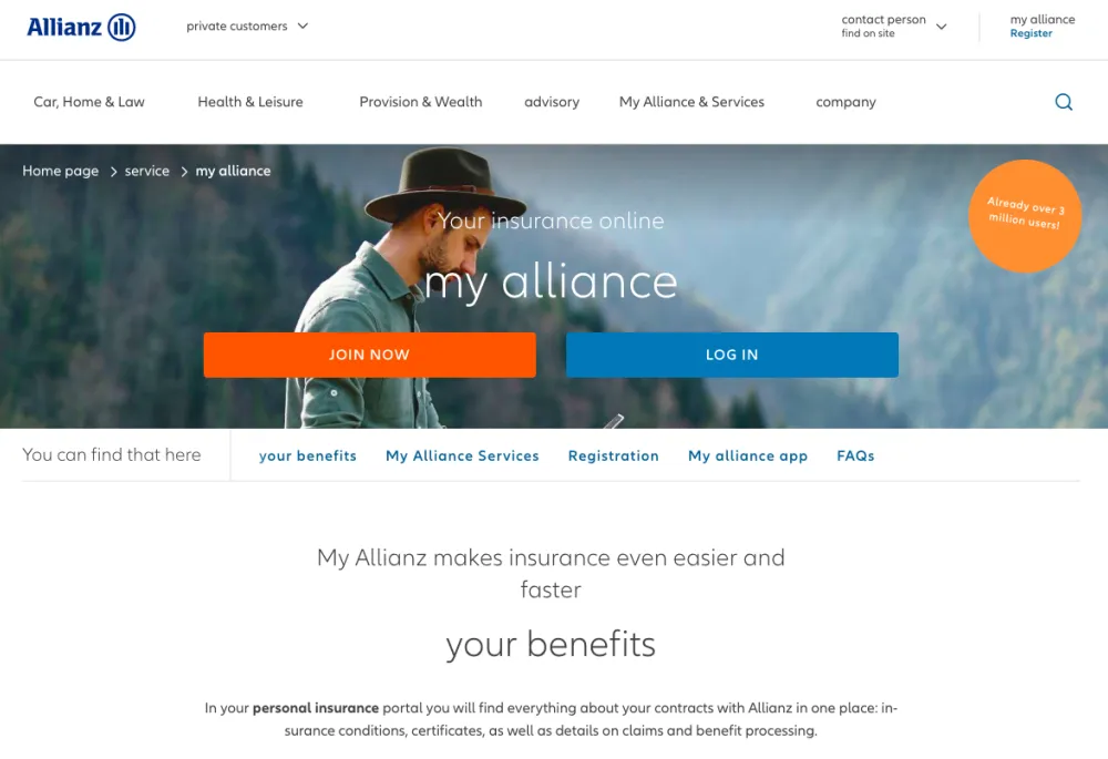 Allianz website interface with a man facing right side and text written in blocks and boxes