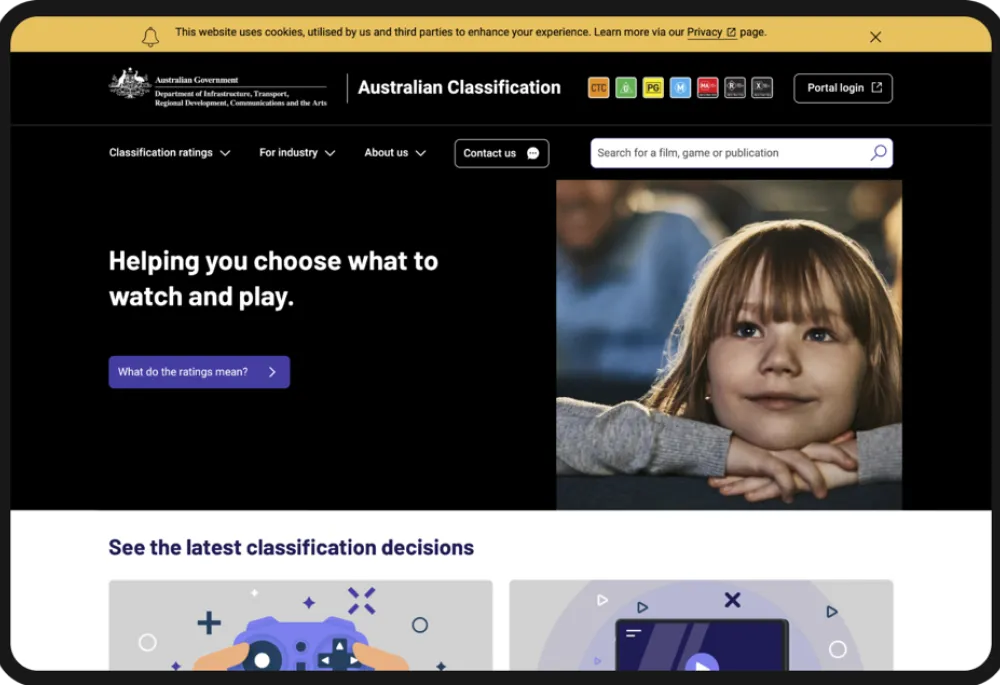 Screenshot of the homepage for classification.gov.au