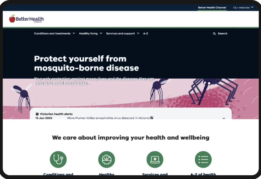 Image of the homepage from Victoria's Better Health Channel.