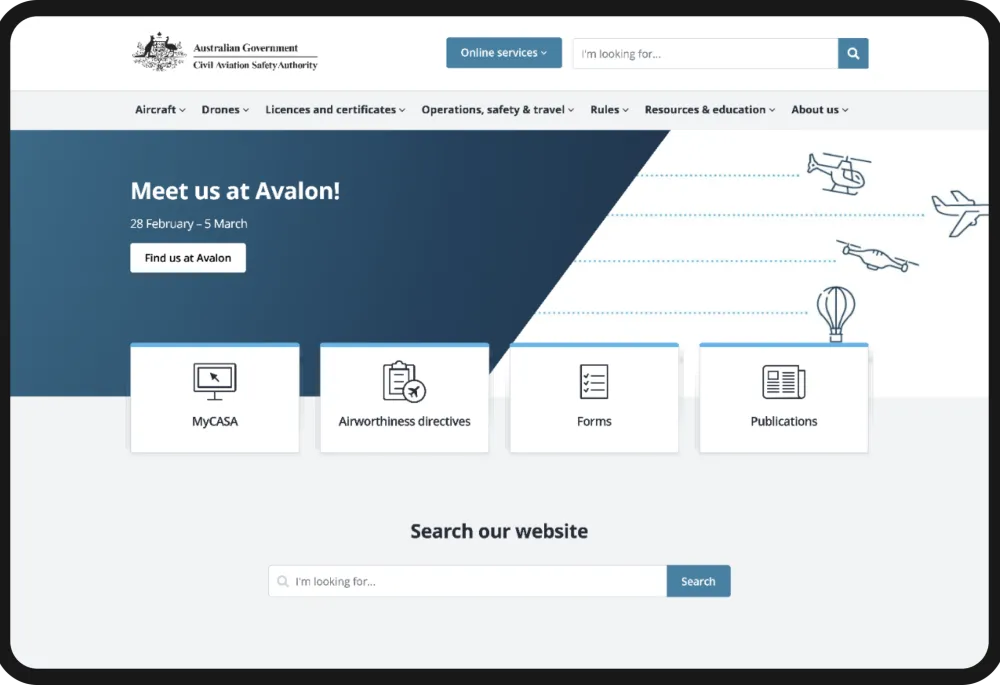 Screenshot of the CASA website homepage