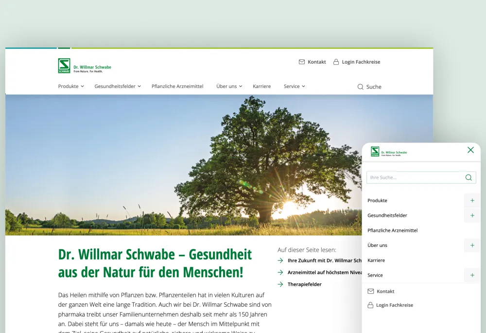 Home page of the Schwabe group website with example product search. 