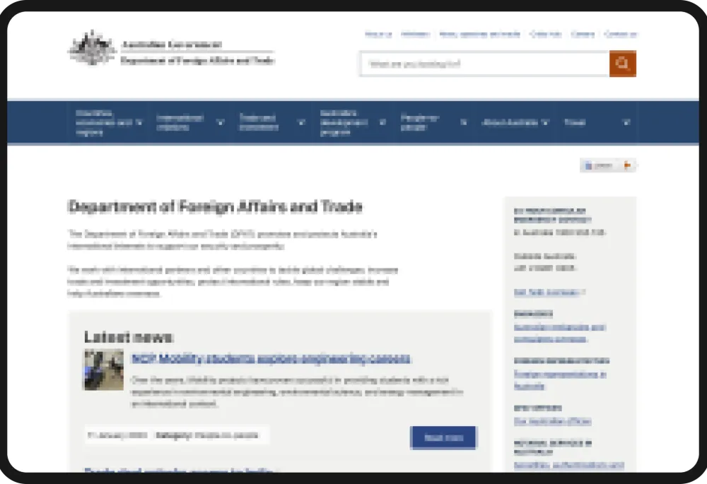 Screenshot of the homepage for Australia's Department of Foreign Affairs.