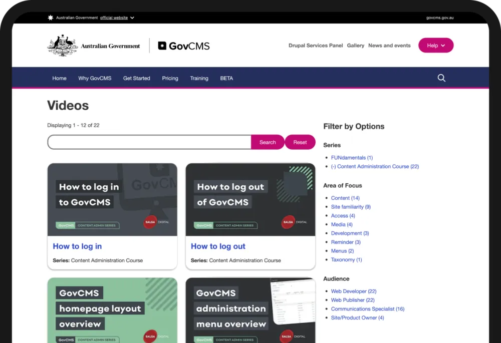 Screenshot of the GovCMS website page with the training video thumbnails displayed.