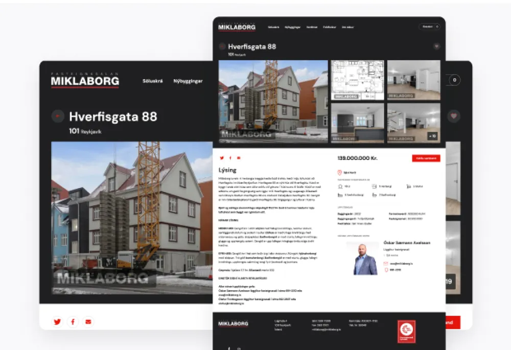Screenshots of the Miklaborg website on a laptop and mobile display.