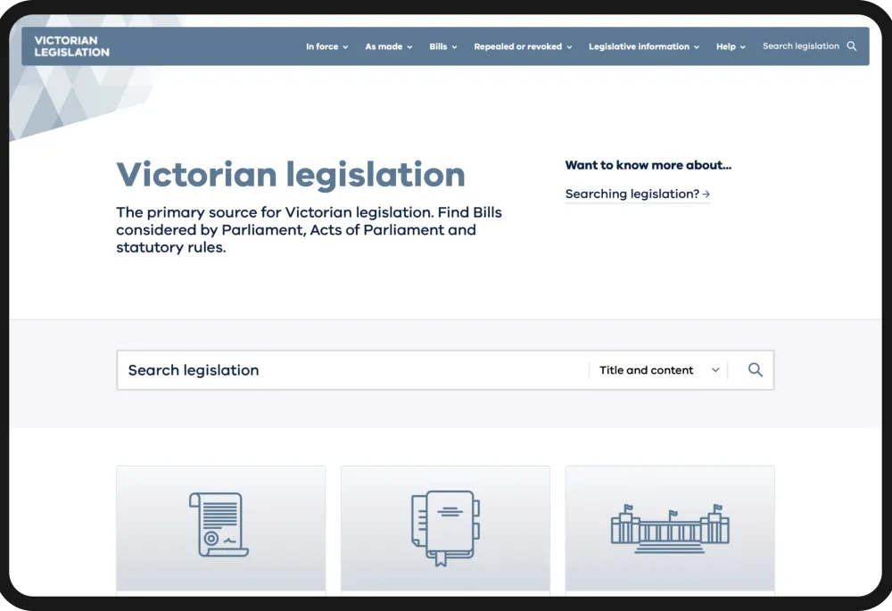 Screenshot of the legislation.vic.gov.au homepage, showing a prominent search bar (for searching legislation) and legislation-related icons.