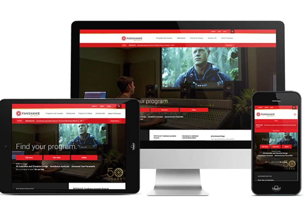 Desktop, mobile, and tablet versions of the Fanshawe College website