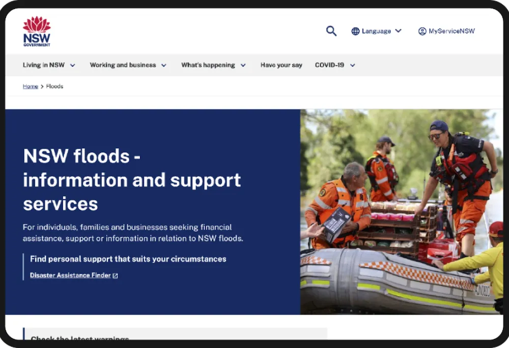 Screenshot of NSW floods page on nsw.gov.au