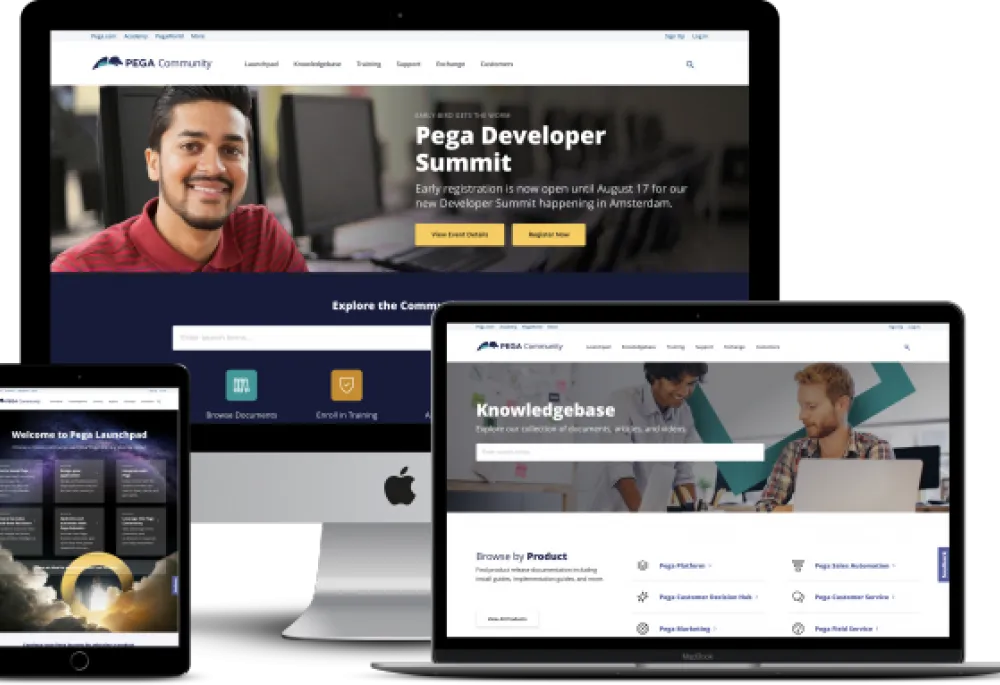 Pega community homepage on various devices