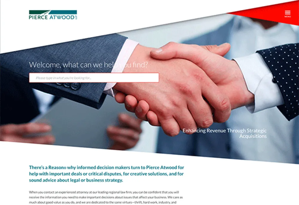 Home page for Pierce Atwood shows the logo in the top left, a menu button on the top right, a search box in the middle, a background image of a handshake, and text about the company below. 