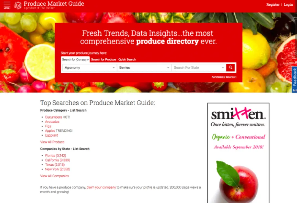 PMG homepage with red header and fruits in the background