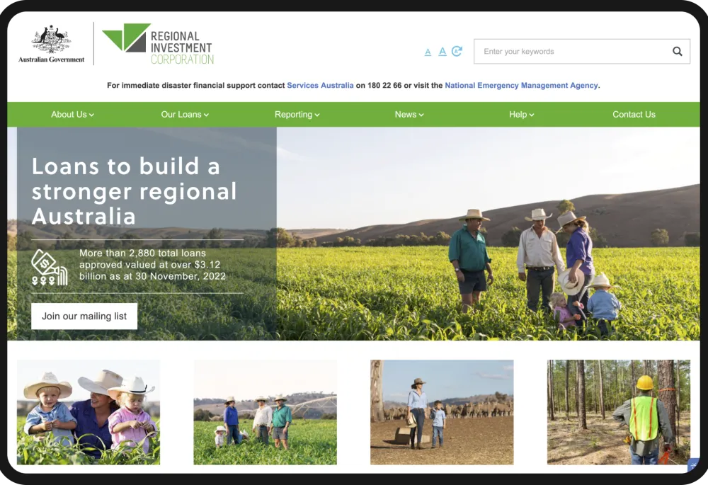 Screenshot of the Regional Investment Corporation's homepage. The homepage shows a lot of photos of people on the land...with crops and with farm animals.