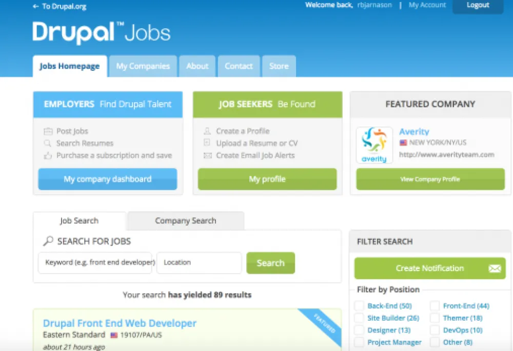 Drupal Job Board homepage 