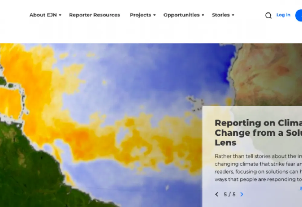 Homepage of Earth Journalism Network with a big image of earth covering the whole area