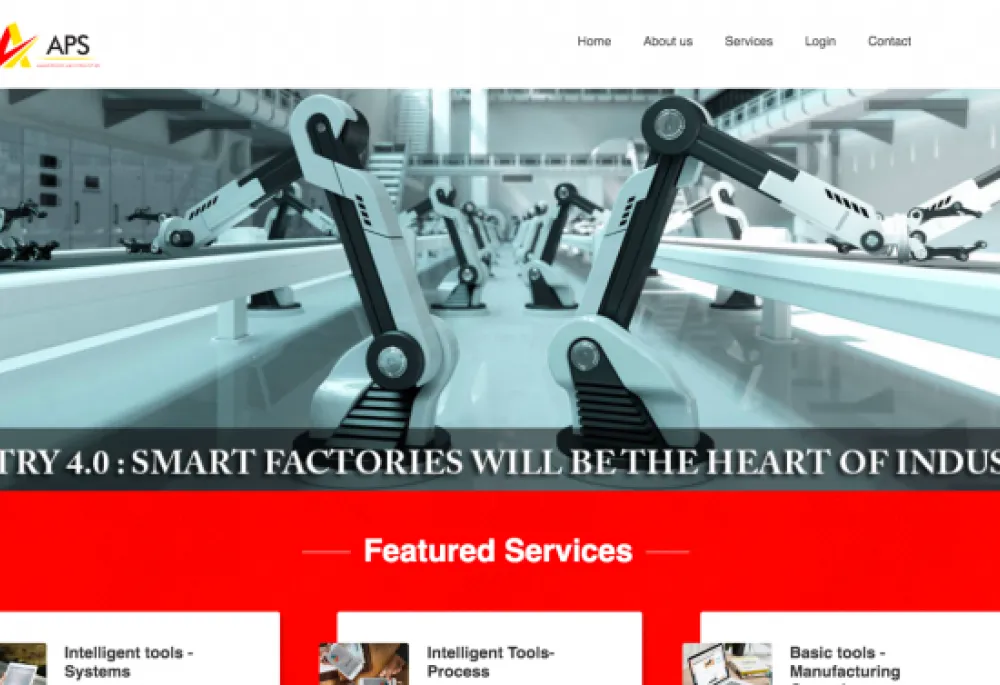 Homepage of AP&S with grey coloured robots at work in a factory