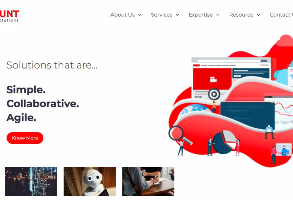 Homepage of Paramount Software Solutions with Paramount written in red on top left and graphical illustration consisting of several icons on right