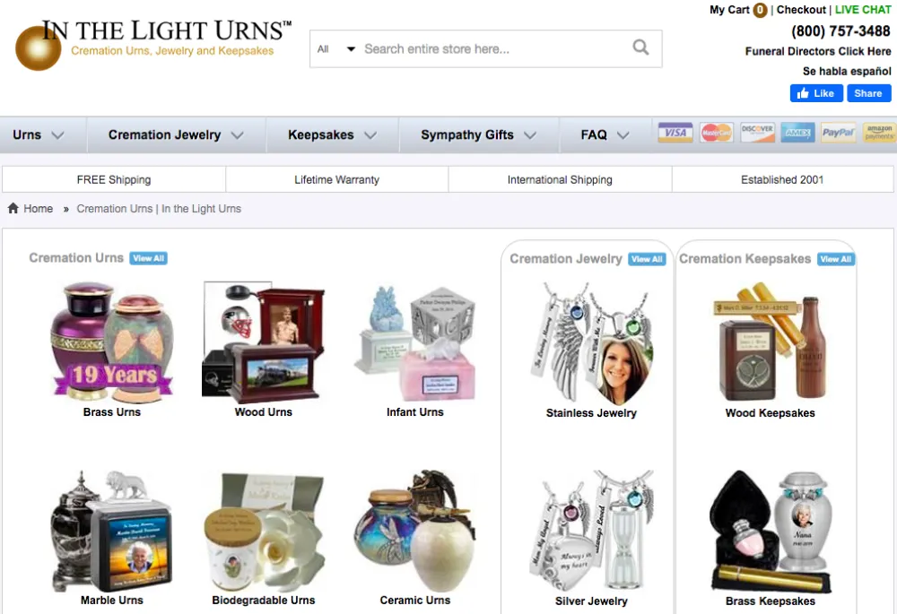 Homepage of In The Light Urns website with several images of urns
