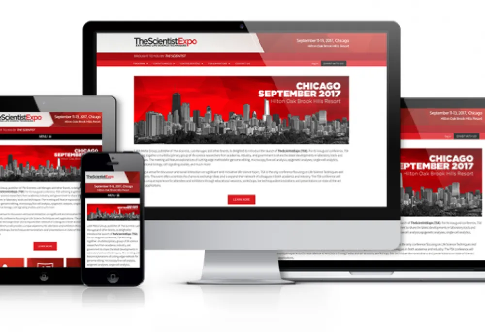 The Scientist Expo website shown on a variety of devices