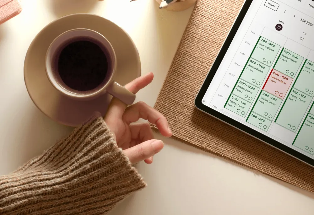 Desktop with a tablet on it with which a person is interacting. The display shows a calendar and the person is holding a cup of coffee and a tablet pencil in the hands.