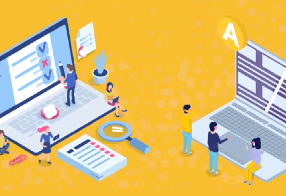 Graphical image of two laptops side by side with people around them.