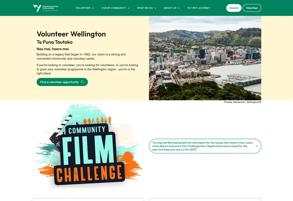 A screenshot of the Volunteer Wellington Homepage