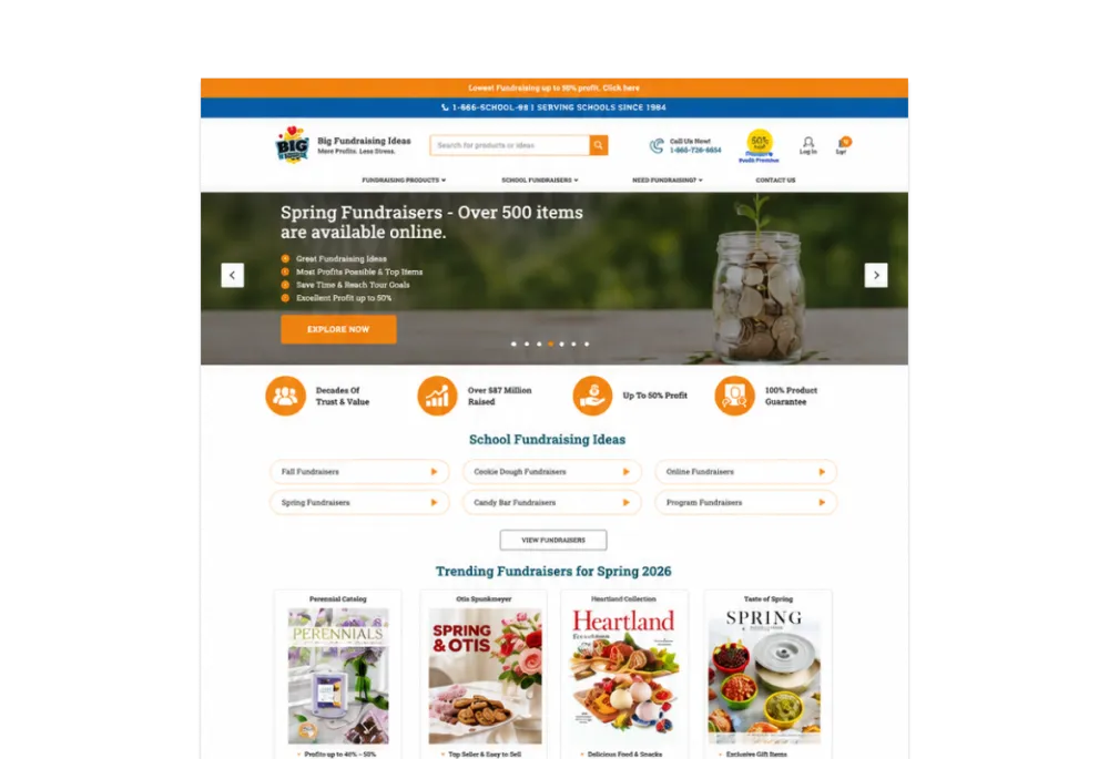 Big Fundraising Ideas homepage showing the brand logo, main headline, and fundraising program options for schools, clubs, and community organizations
