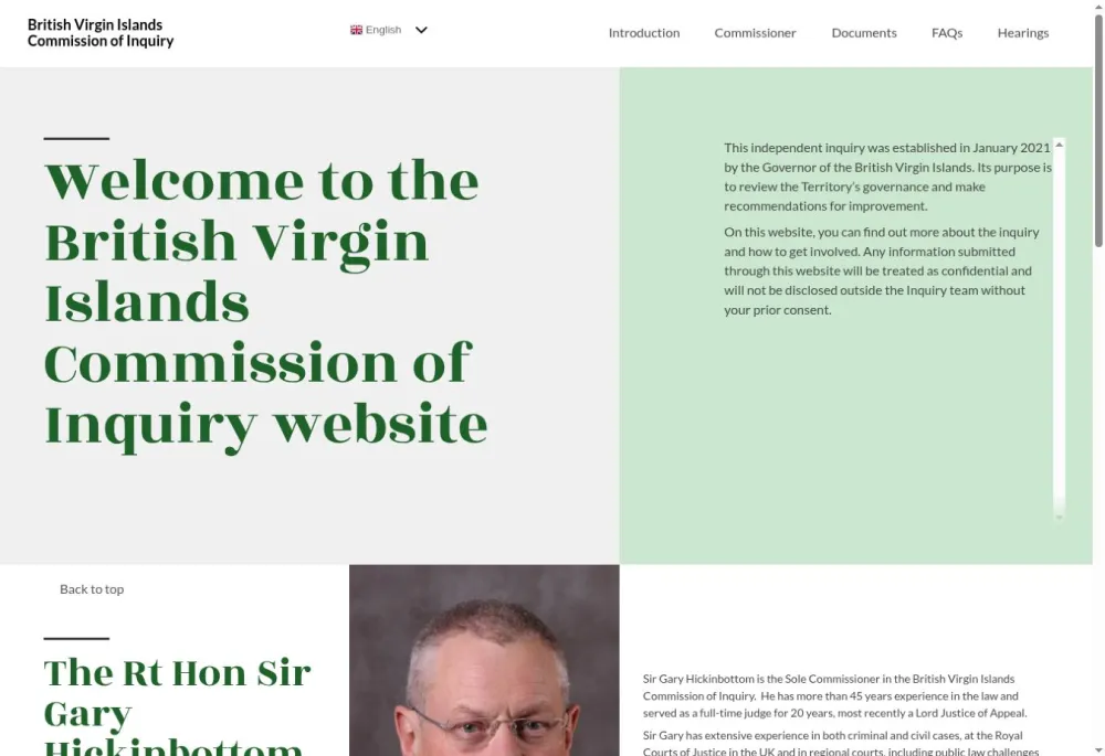 British Virgin Islands Commission of Inquiry homepage with a green and grey introductory layout and section navigation