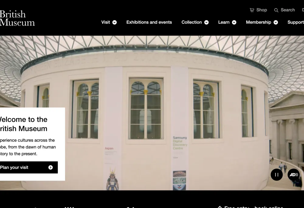 British Museum homepage that shows the inside of the great court at the museum
